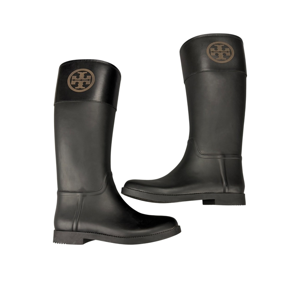 Tory Burch Women Black Matte Tall Rain Boots Logo Medallion Size 10 63352